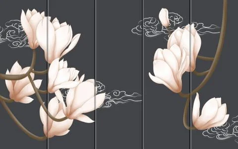 Dark background, vertical lines, light pink large lilies on the branches Stock Illustration