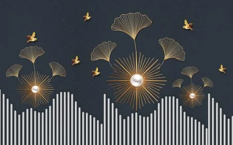 Dark background, white vertical stripes, abstract sun, leaves, and golden birds Stock Illustration