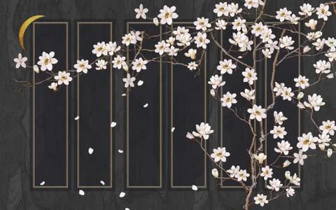 Dark background, a yellow crescent, a thin tree with white flowers Stock Illustration