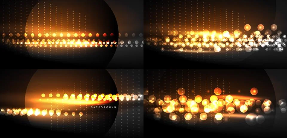Dark backgrounds feature glowing dots, circles, lines. Warm orange, yellow hu 库存插图