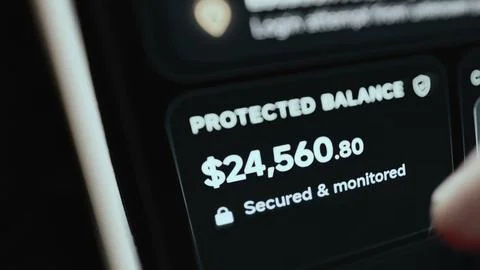 Dark banking dashboard displays a protected balance of 24,560.80 USD Stock Photos