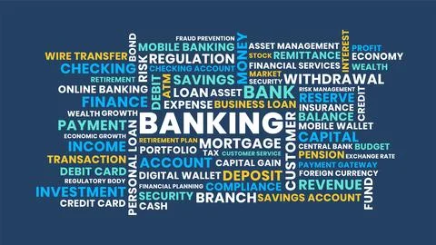 Dark Banking Word Cloud Animation, Vibrant Finance Banking Word Cloud, Seam.. Stock Illustration
