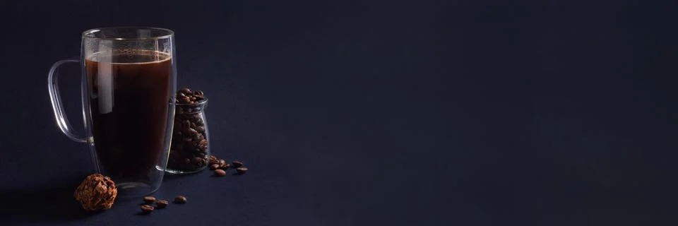 Dark banner with cup of black coffee Stock Photos
