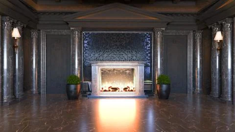 Dark baroque and classic interior design idea with fireplace and plant realis Stock Illustration