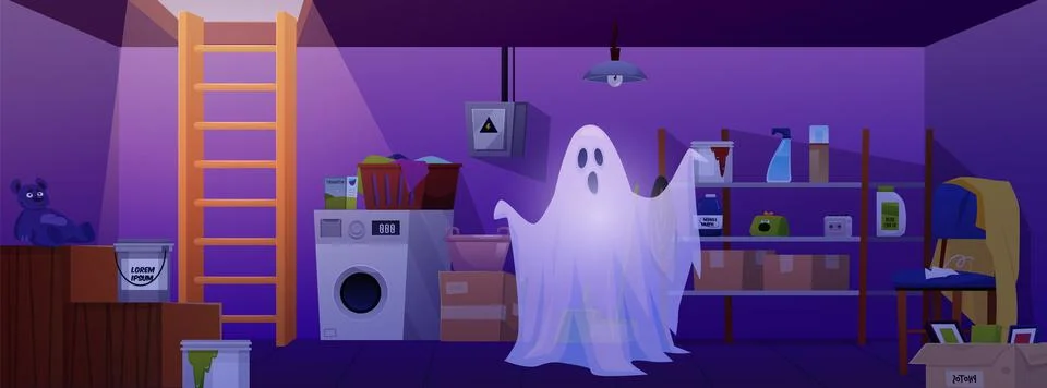 Dark basement room interior with ghost, phantom, vector flat storage home cellar Stock Illustration