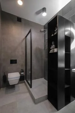 Dark bathroom interior with shower Fotos Stock