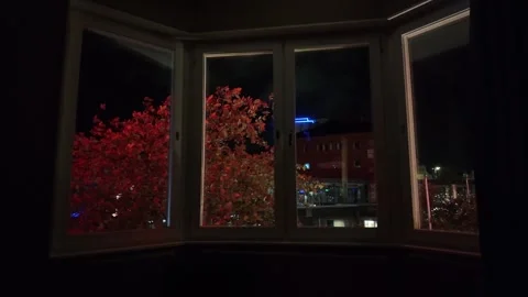 Dark Bay Window Looking onto Red Autumn Trees and Nighttime City Scene Stock Footage 347682278