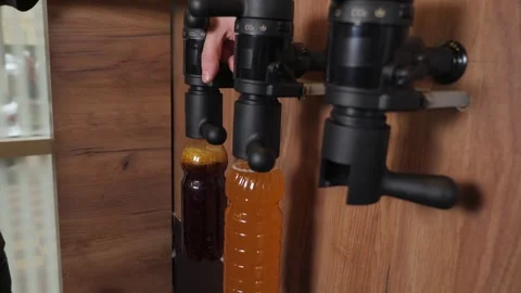 Dark beer is bottled in a disposable bottle. A bar counter with draft beer. Vidéo 345132698