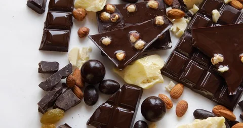 Dark bitter chocolate bars, cacao butter, cacao powder and cocoa beans	 Stock Footage 127083280