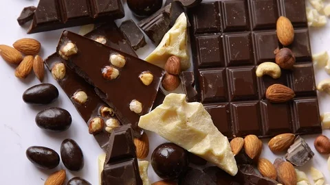 Dark bitter chocolate bars, cacao butter, cacao powder and cocoa beans	 Stock Footage 127083294