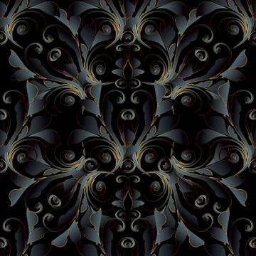 Dark black 3d baroque seamless pattern. Vector floral damask background Stock Illustration