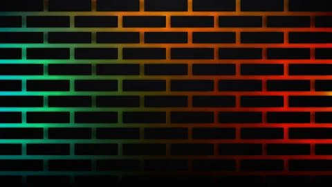 Dark black brick wall background with vibrant cyan orange red neon light gl.. Stock Illustration