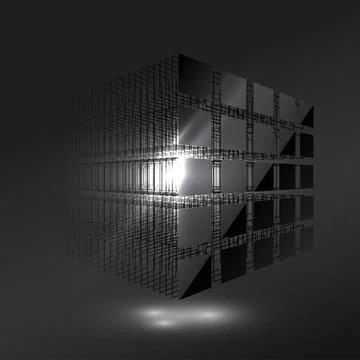 Dark black cube from small pieces. Block chain concept. Big data. Computer data Illustrazione stock