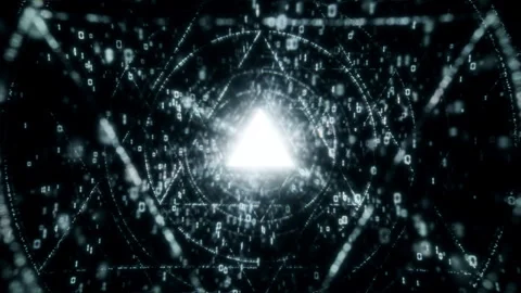 Dark Black Digital Tunnel with Floating Binary Numbers, Glowing Triangles Stock Footage 318935902