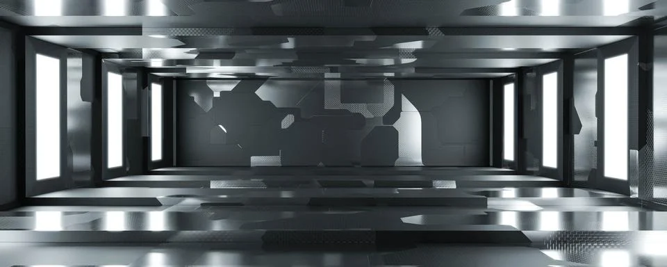 Dark black empty room studio with metal elements and light panels 3d render Stock Illustration