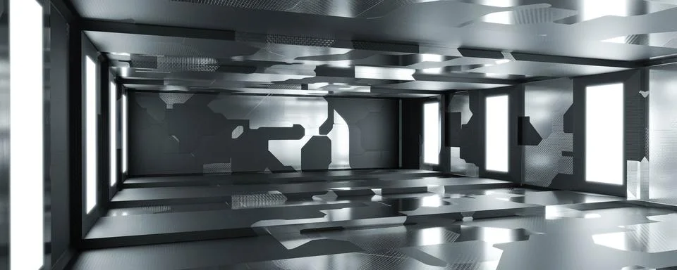 Dark black empty room studio with metal elements and light panels 3d render Stock Illustration
