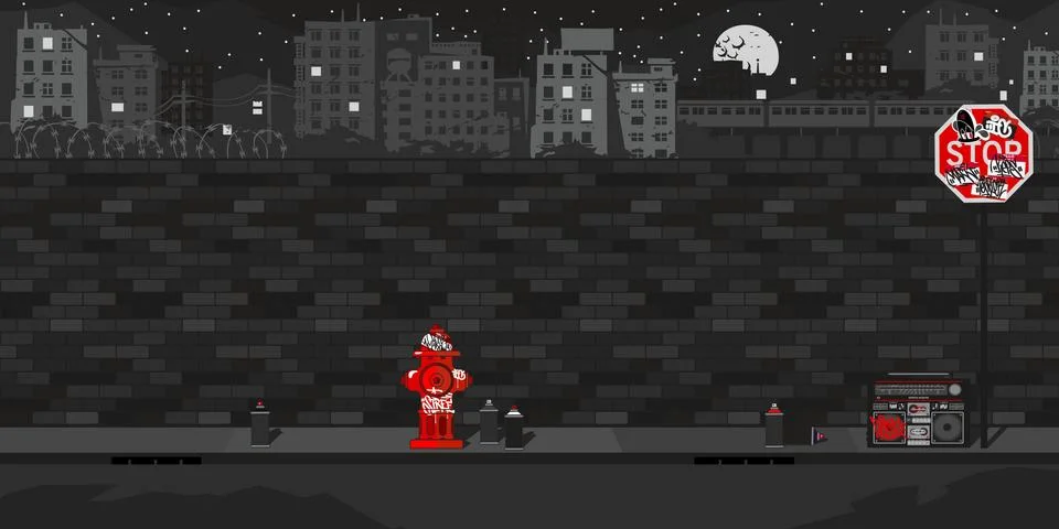 Dark Black Flat Empty Night Brick Wall With Background Of The Cityscape Vector Stock Illustration