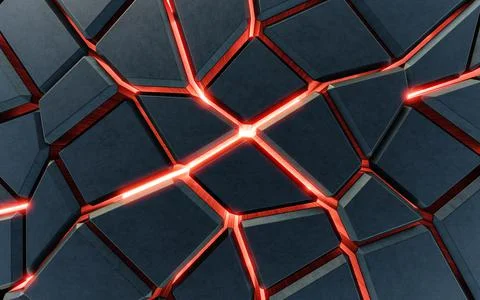 Dark black metal tile objects with red back lighting lava concept 3d render Illustrazione stock