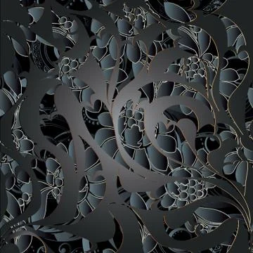 Dark black paisley seamless pattern. Vector floral background. Illustrazione stock