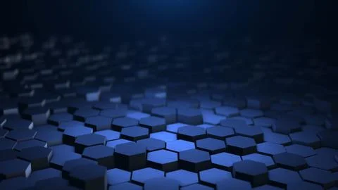 Dark blue 3D hexagon grid background with futuristic depth, soft light and .. Stockillustratie