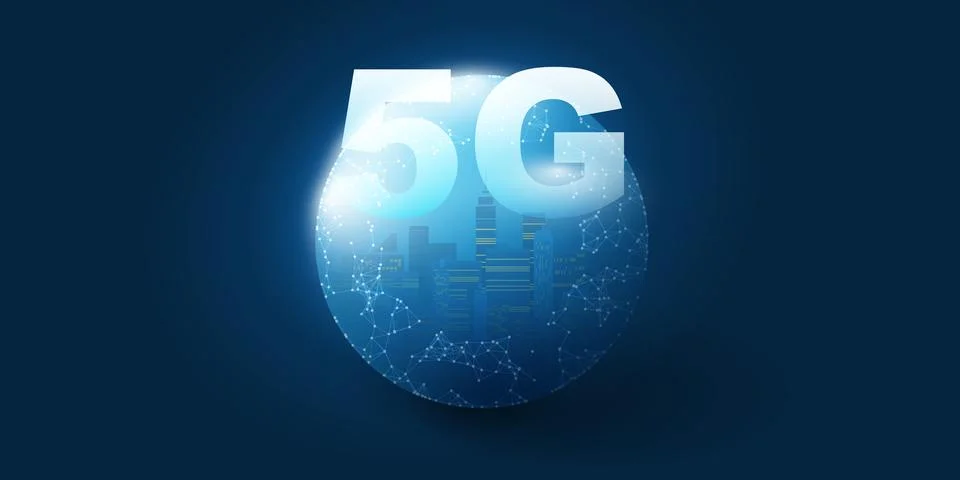 Dark Blue 5G Network Label with a Cityscape Inside of a Globe - Background .. Stock Illustration