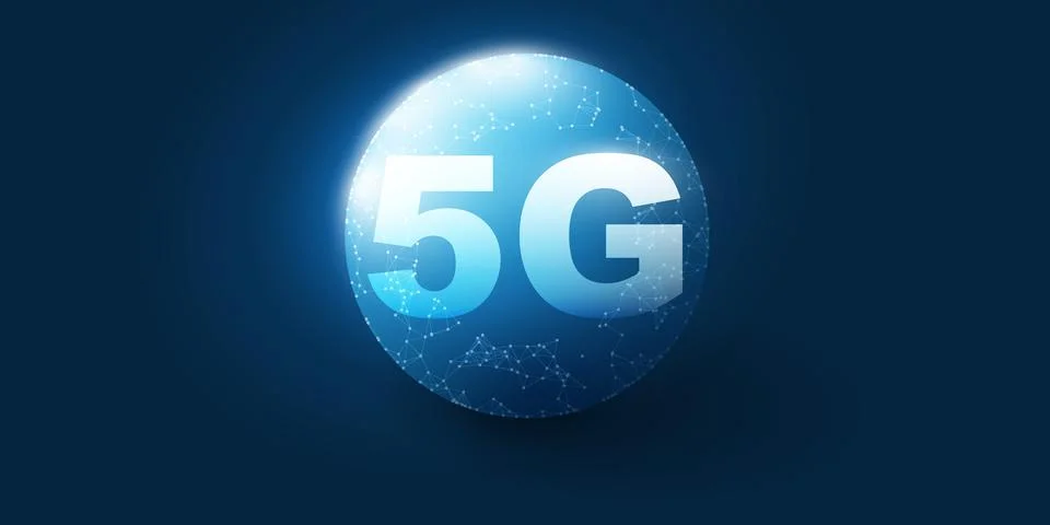 Dark Blue 5G Network Label with Mesh Around Globe - Background, High Speed .. Stock Illustration