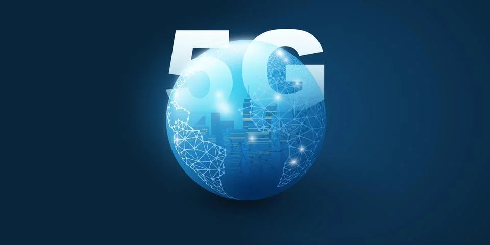 Dark Blue 5G Network Label with Cityscape Inside of Earth Globe -Background.. Stock Illustration
