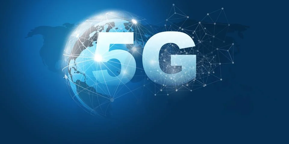 Dark Blue 5G Network Label with Earth Globe and World Map - Background High.. Stock Illustration