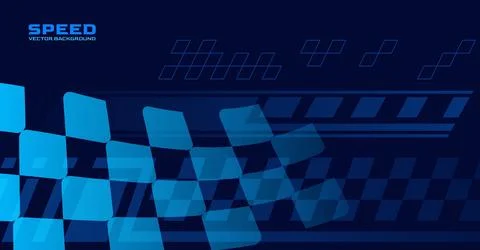 Dark blue abstract background with a dynamic, blurred racing checkered flag and Stock Illustration