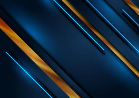 Dark blue abstract corporate background with golden stripes and neon lines Stock Illustration