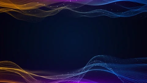 Dark blue abstract wave gold and cyan flowing line mesh, sparkling dots, smooth Stock Footage 340456531