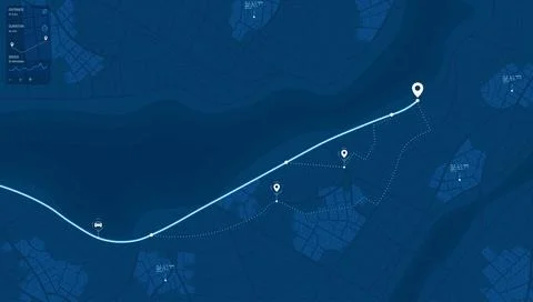 Dark blue aerial map with river and glowing car route line tracking path between Stock-Illustration