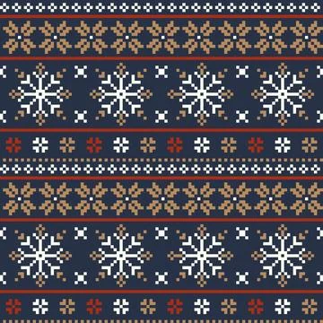 Dark Blue and Brown Pixel Art Christmas Knit Snowflake Seamless Pattern Vecto Illustrazione stock