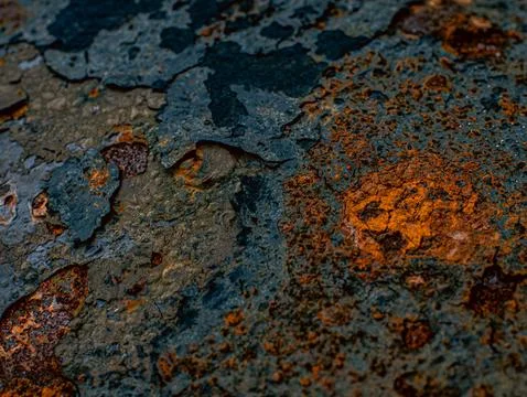 Dark Blue and Orange Rust Texture Abstract Peeling Metal Background Stock Photos
