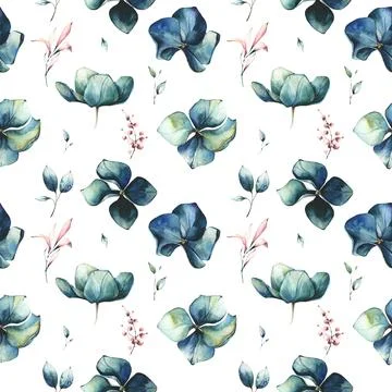 Dark blue and turquoise hydrangea flowers and twigs with pink leaves. Watercolor Illustrazione stock