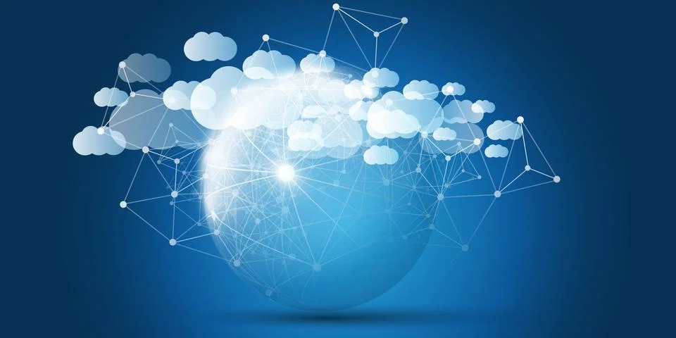 Dark Blue and White Cloud Computing Design Concept with Transparent Globe a.. Stockillustratie
