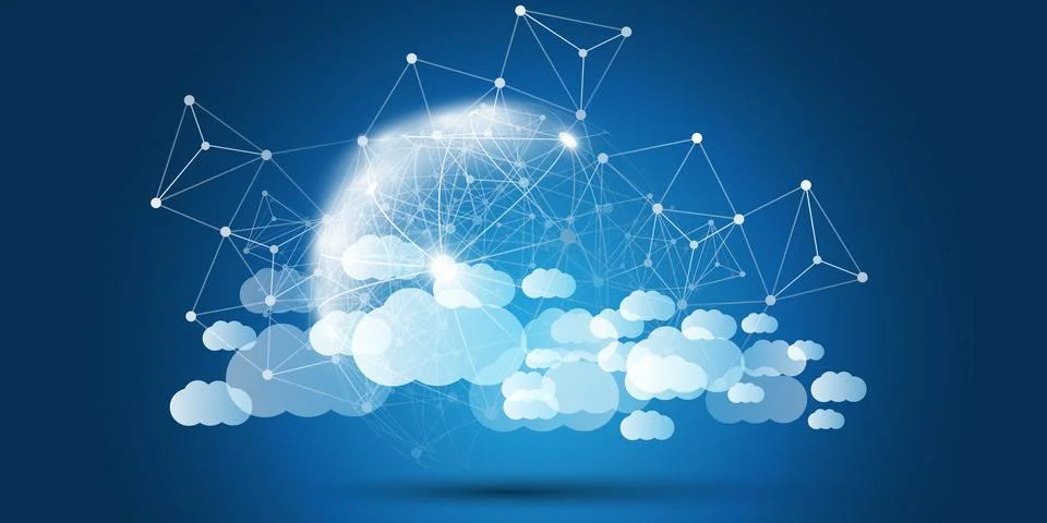 Dark Blue and White Cloud Computing Design Concept with Transparent Globe a.. Stockillustratie