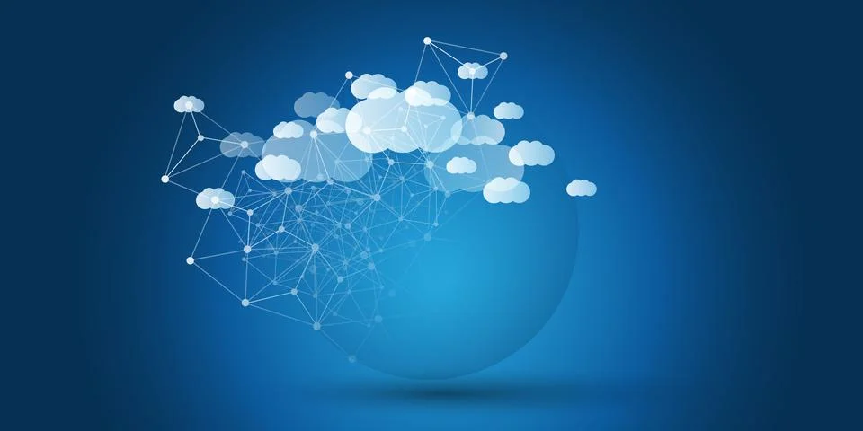 Dark Blue and White Cloud Computing Design Concept with Transparent Globe a.. Stockillustratie