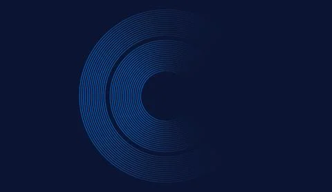 Dark blue background with abstract glowing neon circular lines and geometric Stock Illustration