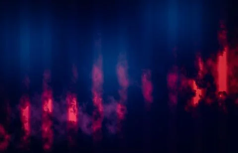 A dark blue background with beams of light through which rise clouds of pur.. Stock Photos