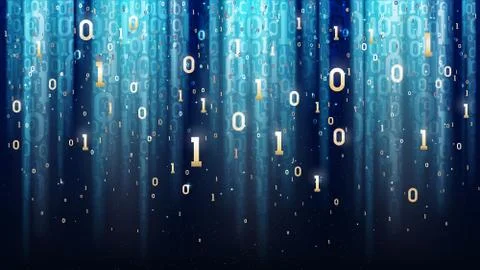 Dark blue background with binary code, sequins, light rays, digits in space Stock Illustration