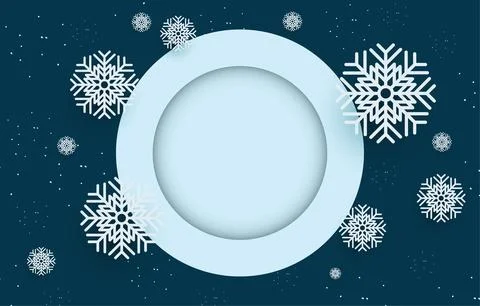 Dark blue background with blank circle frame decorated with snowflakes. Stock Illustration