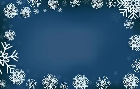 Dark blue background with blank frame decorated with snowflakes. Stock Illustration