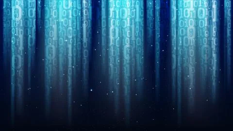Dark blue background light rays, translucent binary code, sequins, starry sky Stock Illustration
