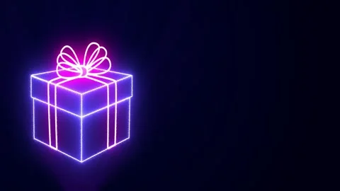 On a dark blue background, a neon gift box tied with a ribbon is moving Stock Footage 309473409