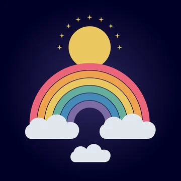 Dark blue background with rainbow, sun, and clouds for children's themes Stock Illustration
