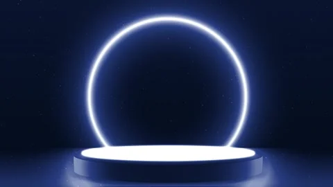 On a dark blue background with shimmering particles there is a dark podium with Stock Footage 288039587