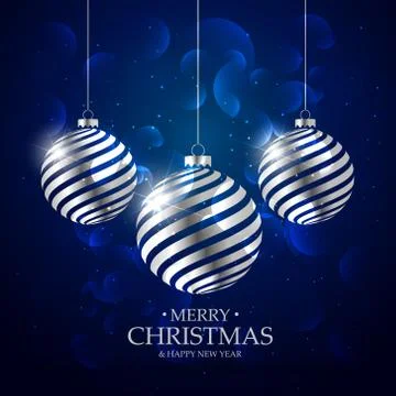 Dark blue background with silver christmas balls and bokeh effect Stock Illustration