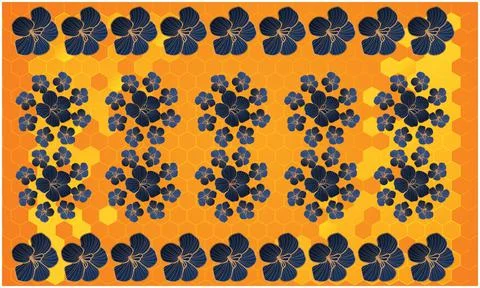 Dark blue big and small flower on golden honey comb background Illustrazione stock