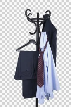 A dark blue blazer, a patterned tie, and a light blue dress shirt hang on a.. Stock Photos